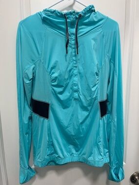 Lululemon Teal Runners Jacket With Cinched Waist And Hood Pony Hole Size 8
